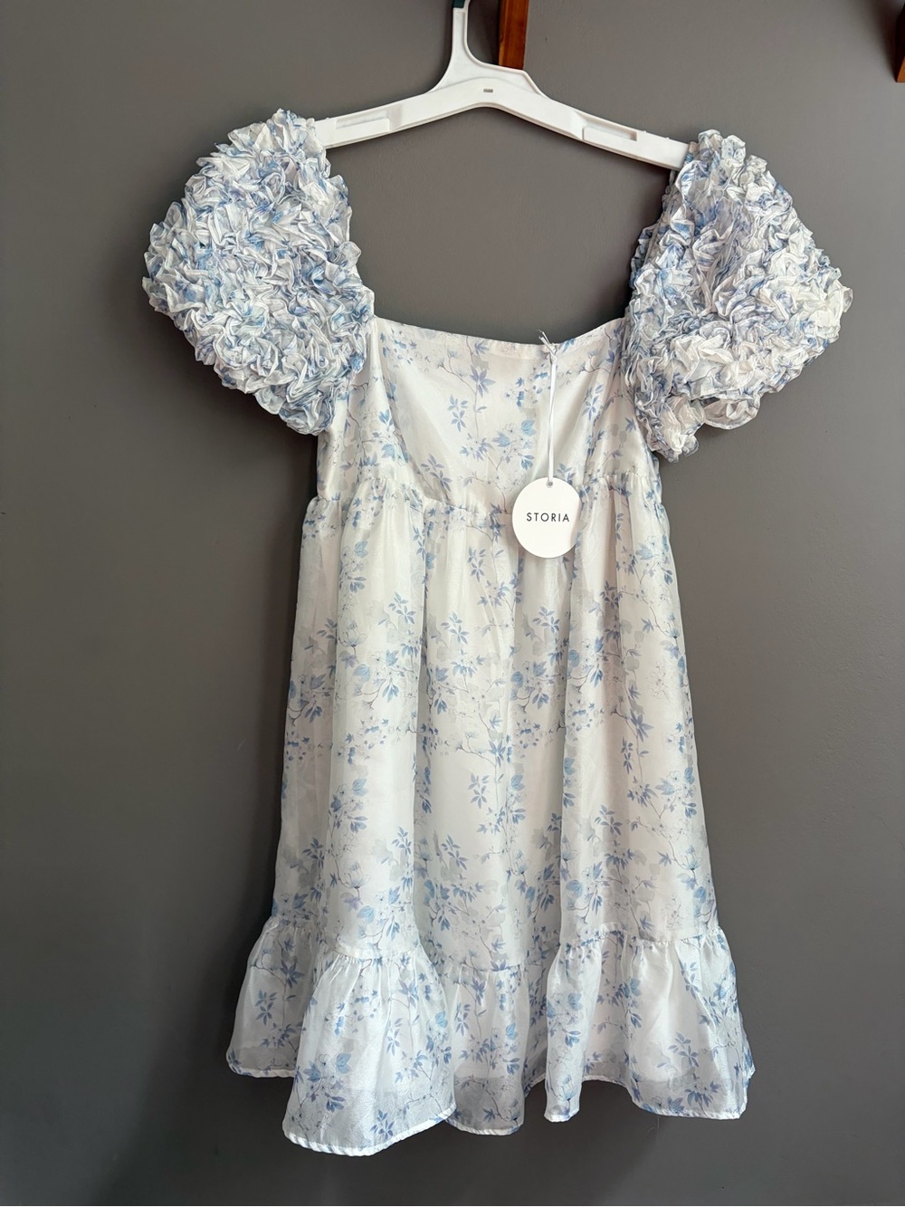 NWT Storia Blue & White Floral Baby Doll Dress Ruffle Puff-Sleeve M